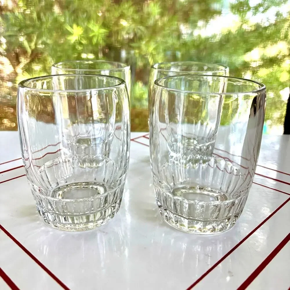 Vintage 1950s Anchor Hocking Barrel Glass Tumblers Set of 4 Clear 8 Oz Glasses